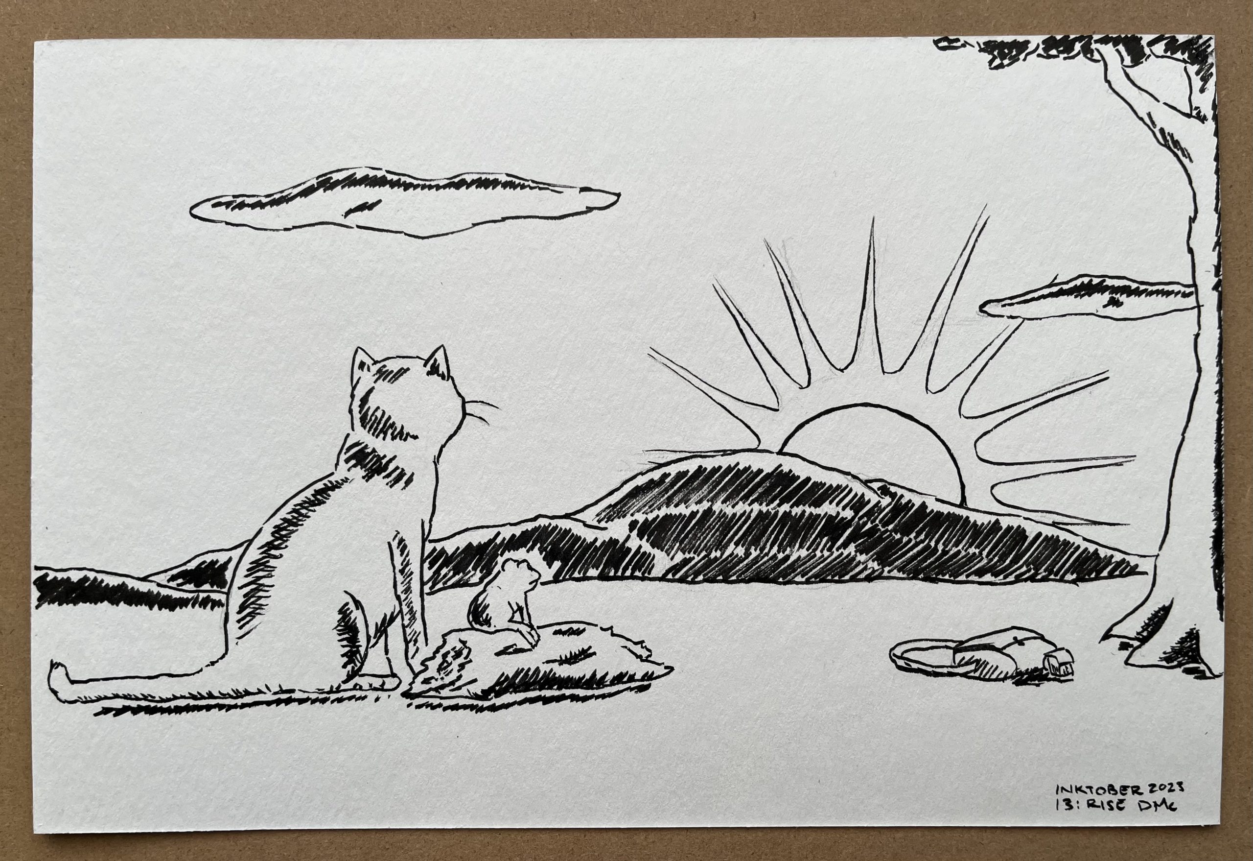 A pen and ink drawing of a frog and cat watching a sunrise.