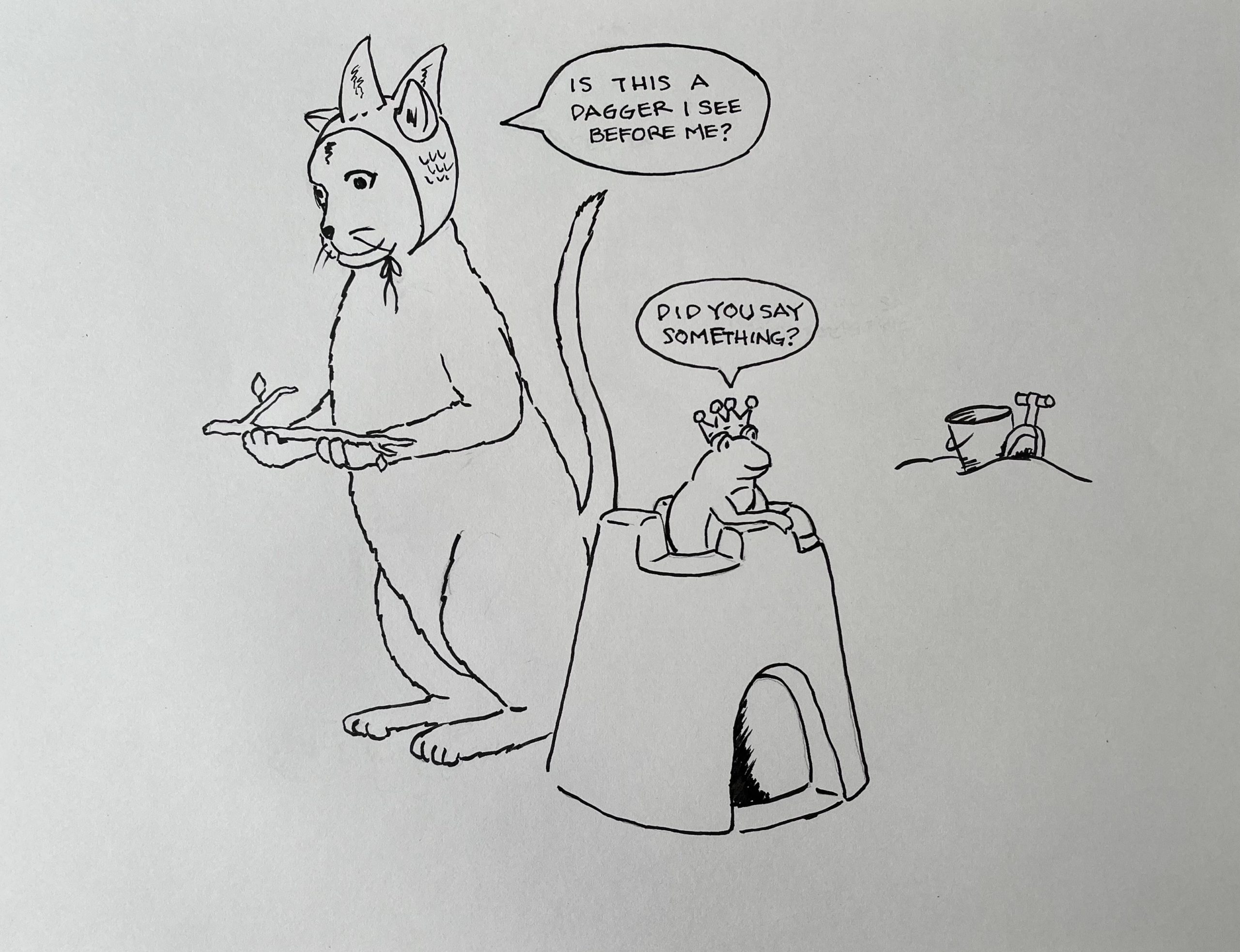 A pen and ink drawing of a cat wearing a costume dragon hat and holding a twig. He's staring at the twig asking "Is this a dagger I see before me?", quoting MacBeth. The frog remains on the sand castle and asks the cat "Did you say something?"