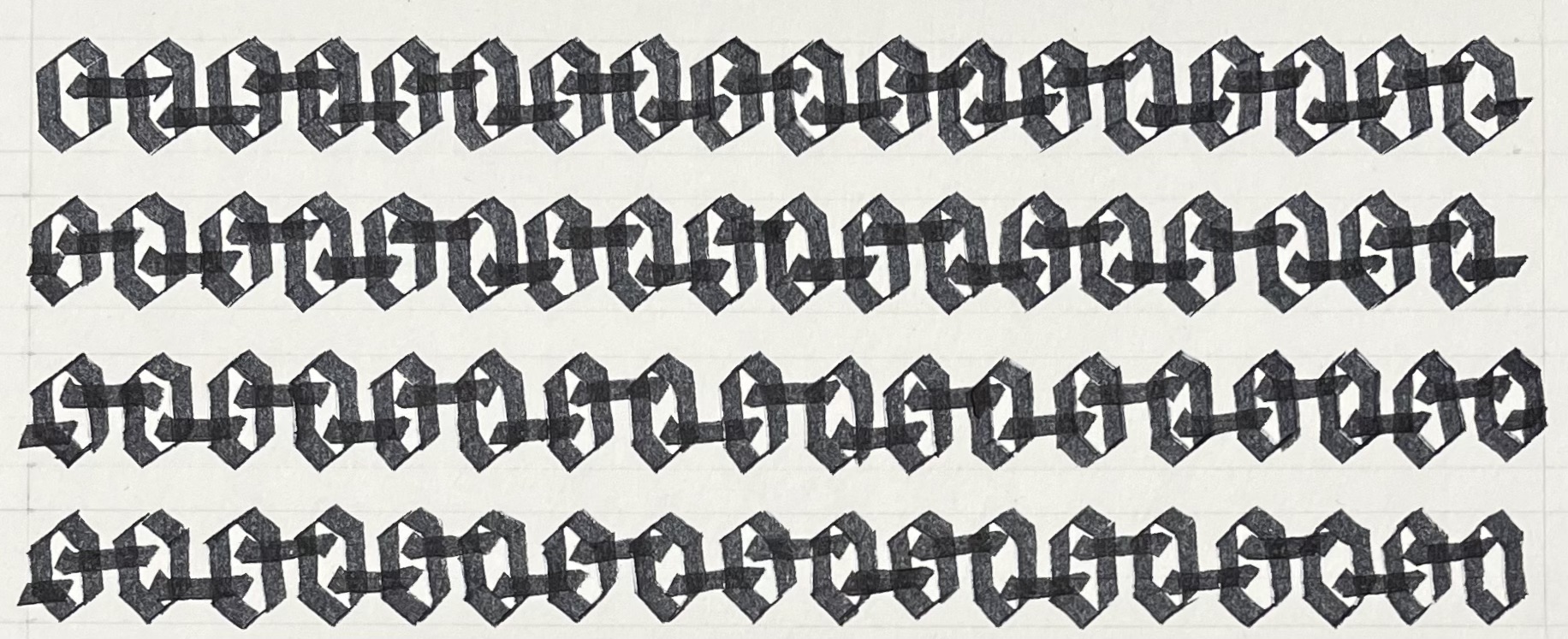 A pen and ink drawing of a series of calligraphic blackletter lower-case "O"s connected by horizontal lines.