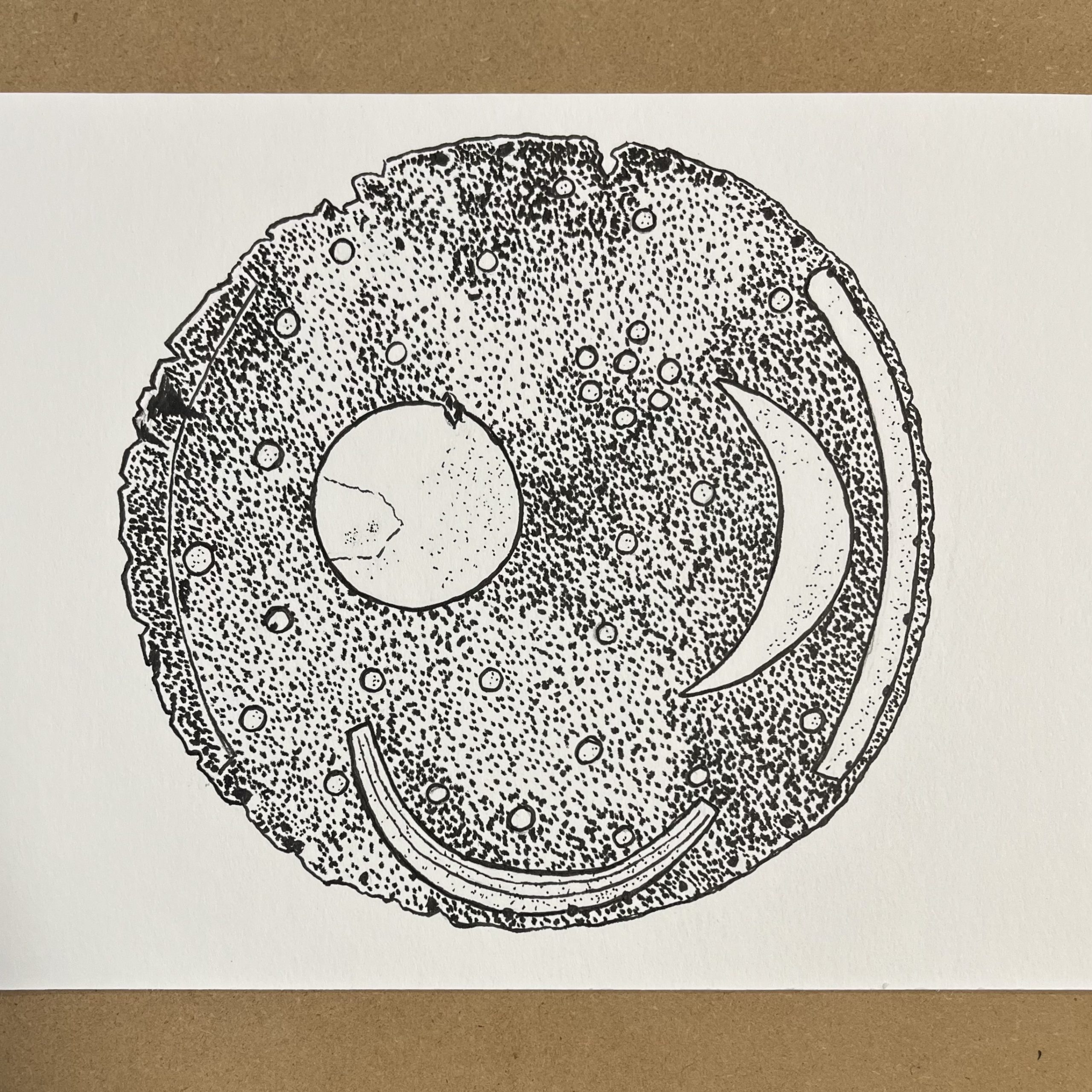 A pen and ink drawing of the Nebra Sky Disc.