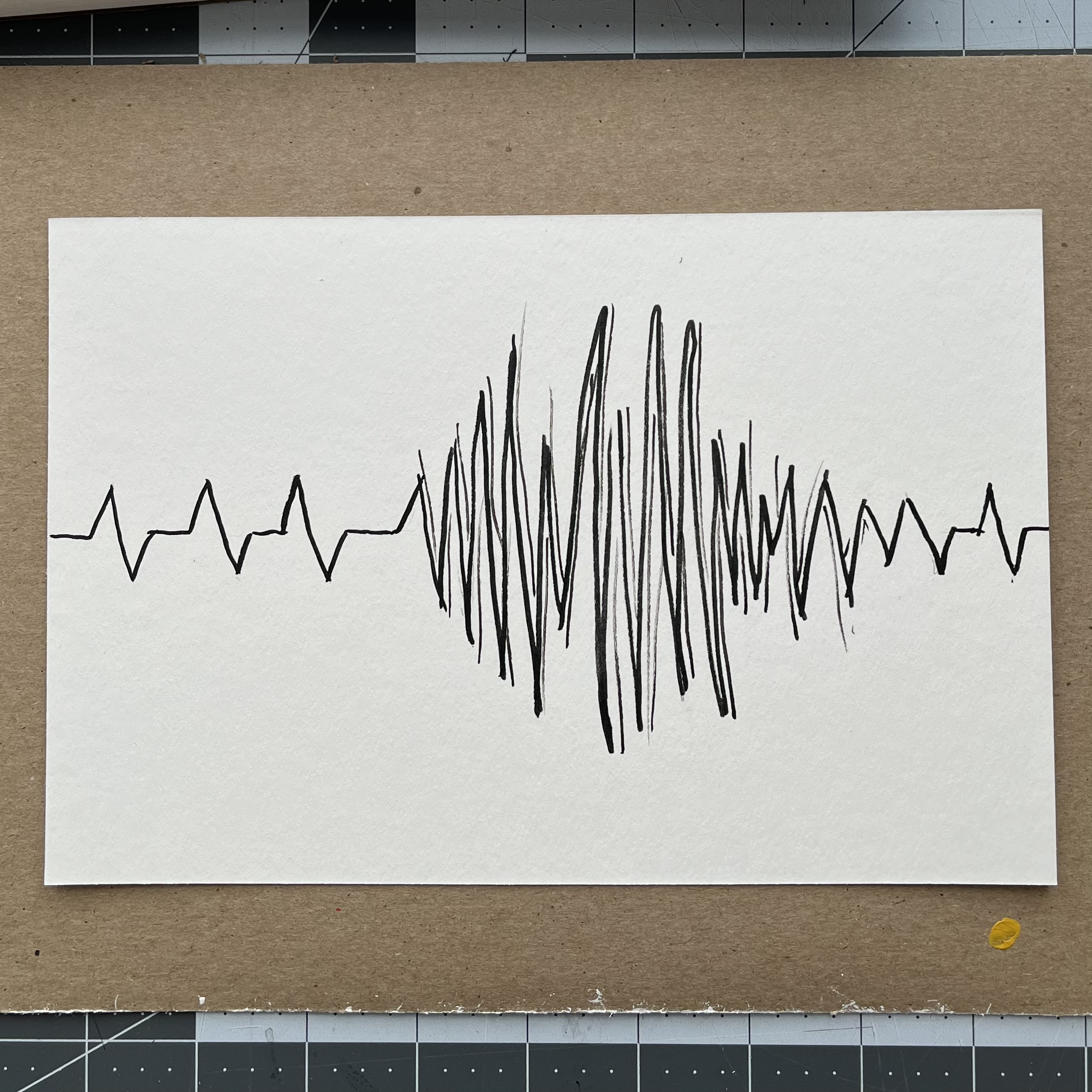 An ink drawing showing a heart rate monitor line with a sudden burst of rapid activity then settling down.
