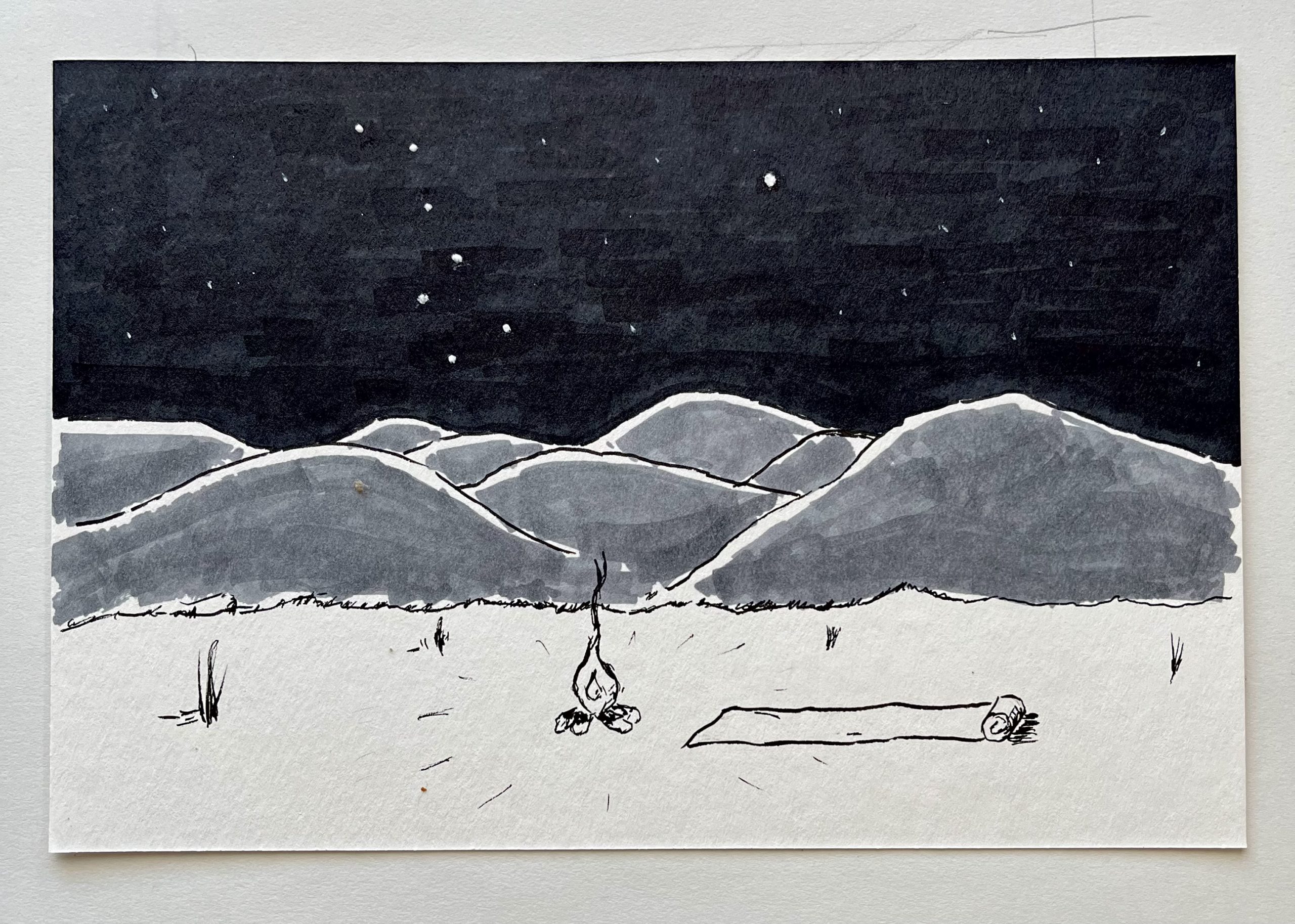 An ink drawing of a desert landscape at night with the Big Dipper and North Star made especially bright.