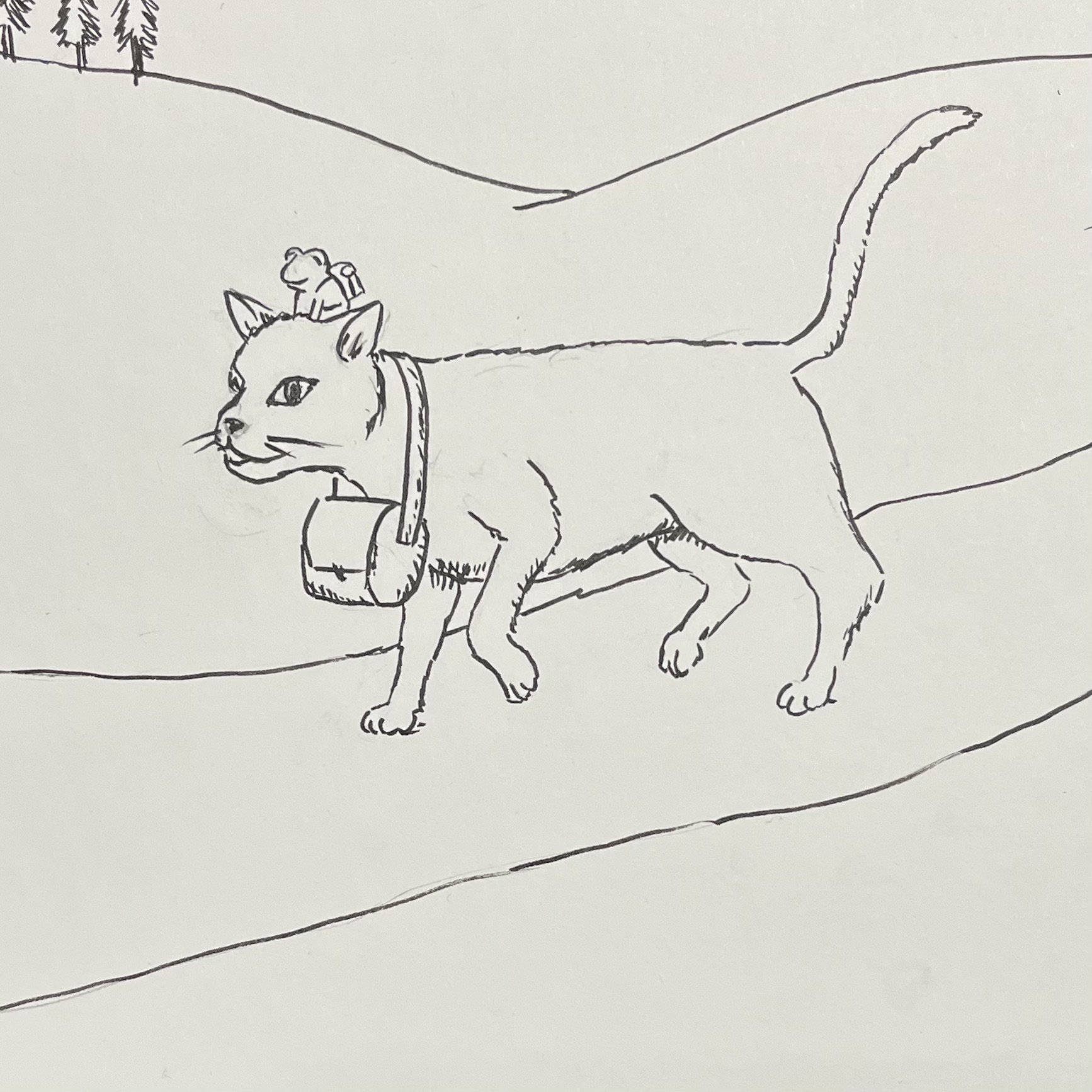 An ink drawing of a cat walking down a road with a small pouch around its neck. On the cat's head rides his friend toad. The toad is wearing a backpack.