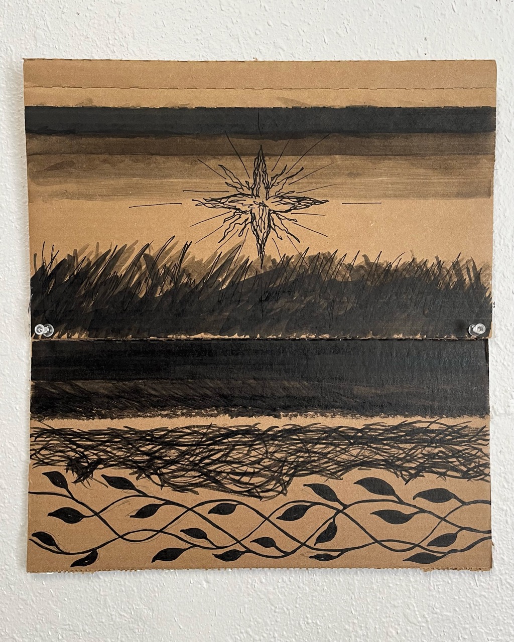 An ink drawing on corrugated cardboard.